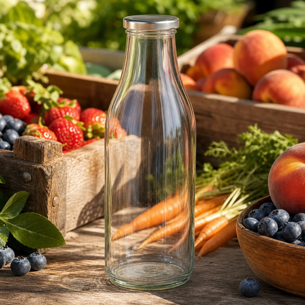 Garrafa de vidro de 1000 ml BasicSeal prateada entre frutas e legumes frescos numa mesa de madeira com atmosfera natural de banca de mercado