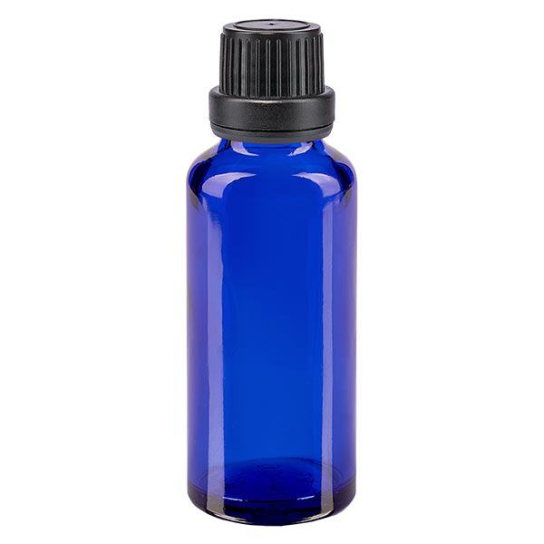 Frasco de farmácia azul 30ml tampa conta-gotas anel de vazamento 2mm preto fecho inviolável