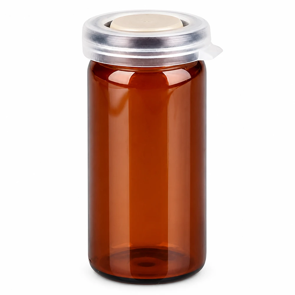 Frasco de vidro castanho com borda enrolada, 10 ml, com tampa de encaixe, para comprimidos e cápsulas