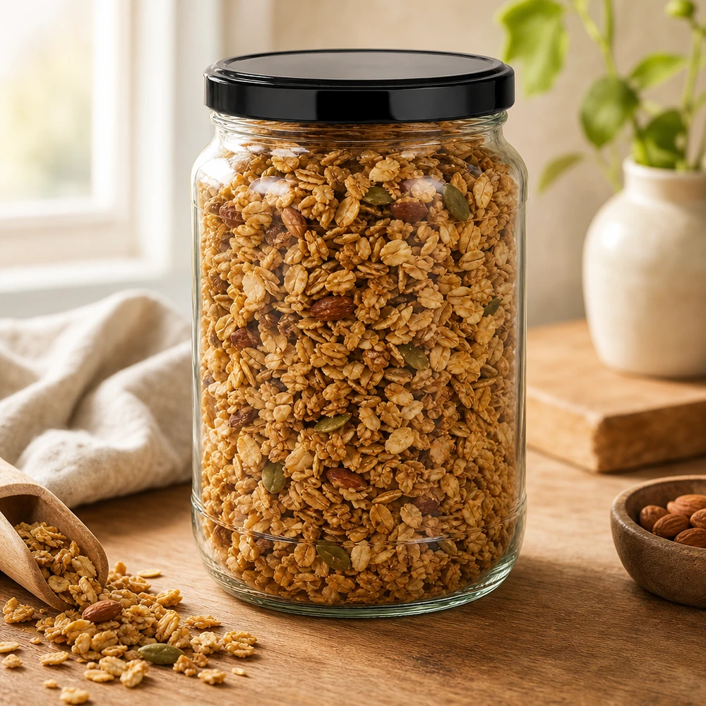 Muesli granola em frasco redondo de 1700 ml preto BasicSeal tampa colher de madeira nozes armazenamento de cereais
