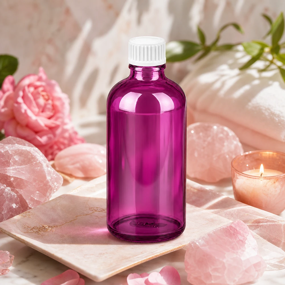 Frasco de cosméticos violeta 100ml em vidro com tampa de rosca branca para cuidados da pele e soros