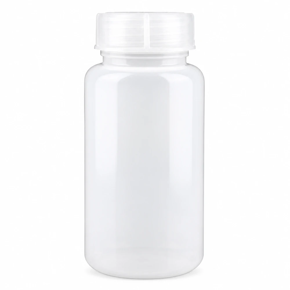 Frasco de laboratório de 1000ml com gargalo largo e tampa de rosca Frasco de laboratório de gargalo largo de 1000 ml em HDPE com tampa de rosca branca sobre fundo branco