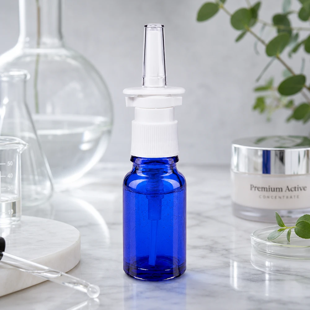 Frasco de farmácia azul 10ml atomizador nasal branco padrão Frasco compacto de 10 ml para spray nasal, na cor azul, com tampa de bomba branca e acabamento em mármore