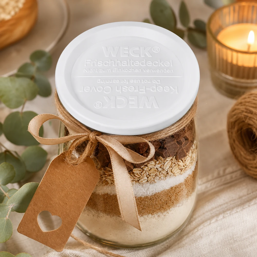 Tampa de conservação WECK RR120 em frasco de ingredientes para pastelaria com flocos de aveia de chocolate decoração de laço bege cozinha
