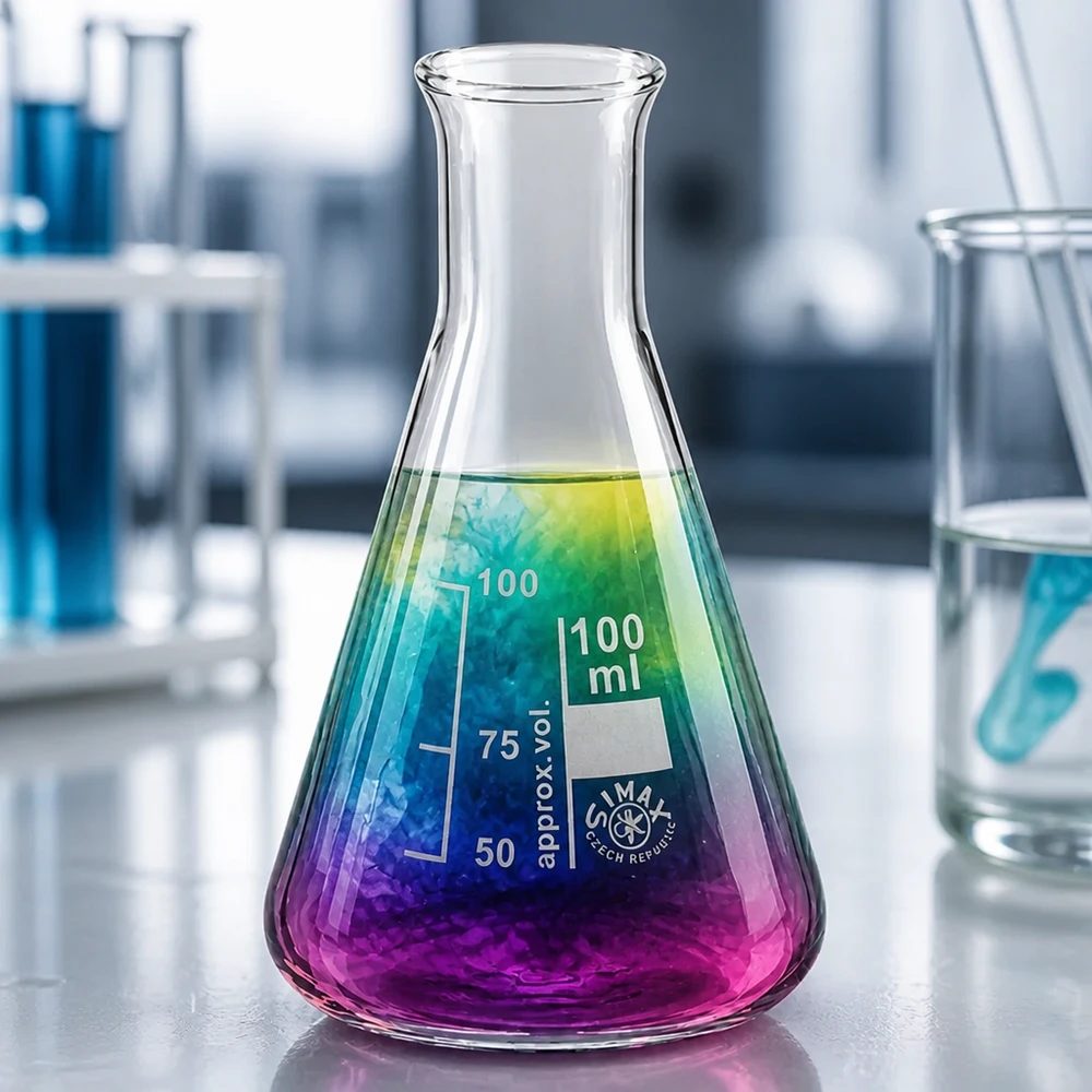 Erlenmeyer de 100 ml com gradiente de cor e gargalo estreito para experiências químicas