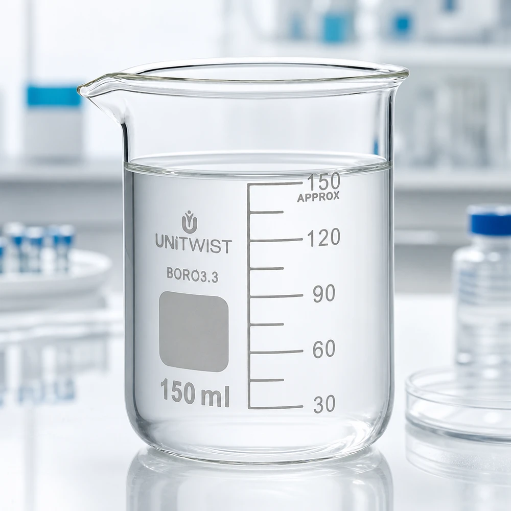 Copo 150 ml de borossilicato, baixo teor de bolor UNiTWIST Copo de vidro UNiTwist de 150 ml, de borossilicato 3.3, de formato baixo, cheio de água pura no laboratório