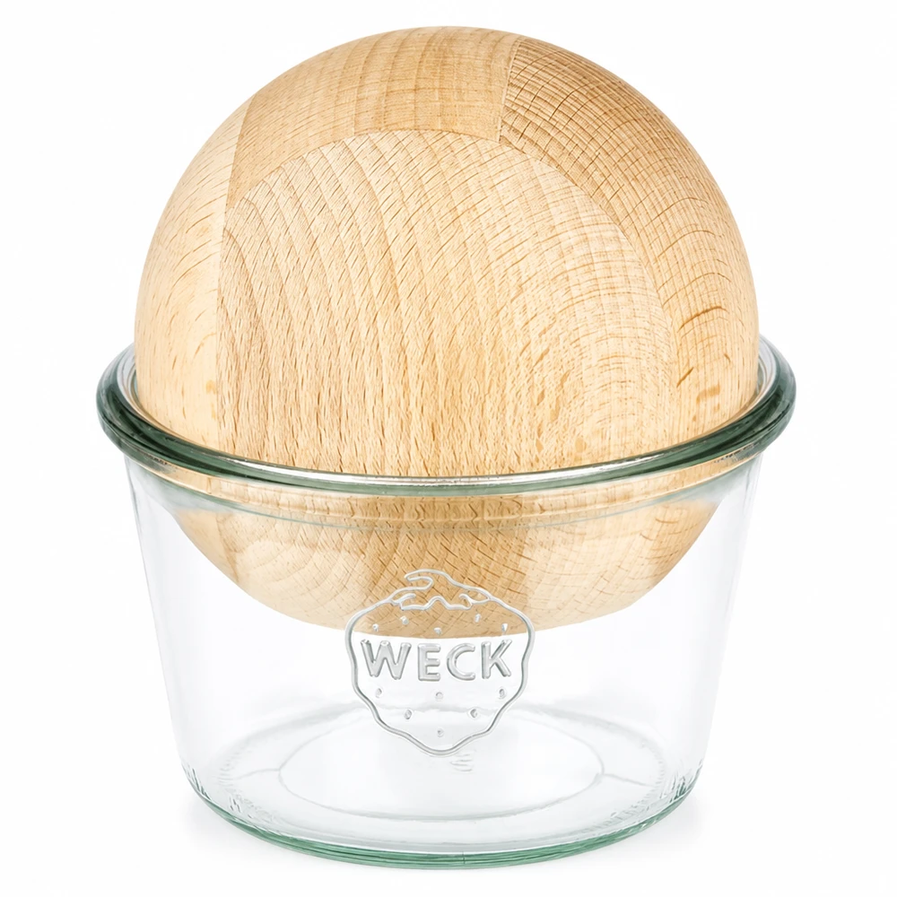 Frasco de vidro transparente para conservas WECK 370ml RR100 com tampa esférica de madeira de faia