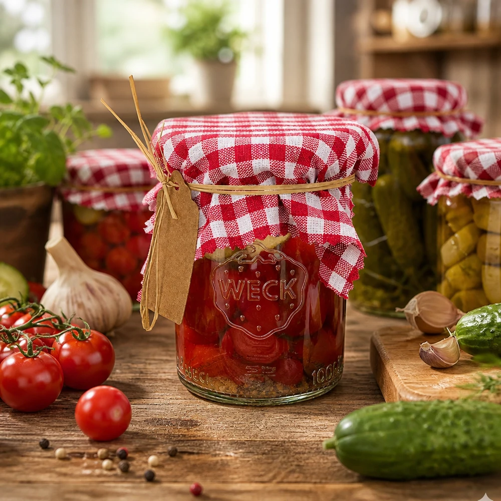 Cobertura para jóias em tecido xadrez bordeaux quadrado 12cm Frasco de conserva com tampa decorativa xadrez bordeaux 12cm entre tomates e pepinos frescos numa cozinha rústica