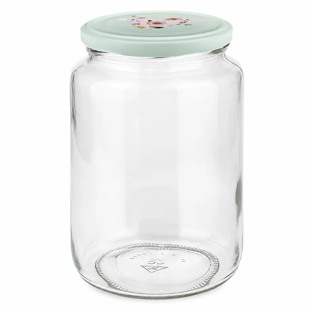 Frasco redondo de 795 ml com tampa BasicSeal de hortelã frasco para conservas com desenho de coração frasco de vidro com tampa de rosca