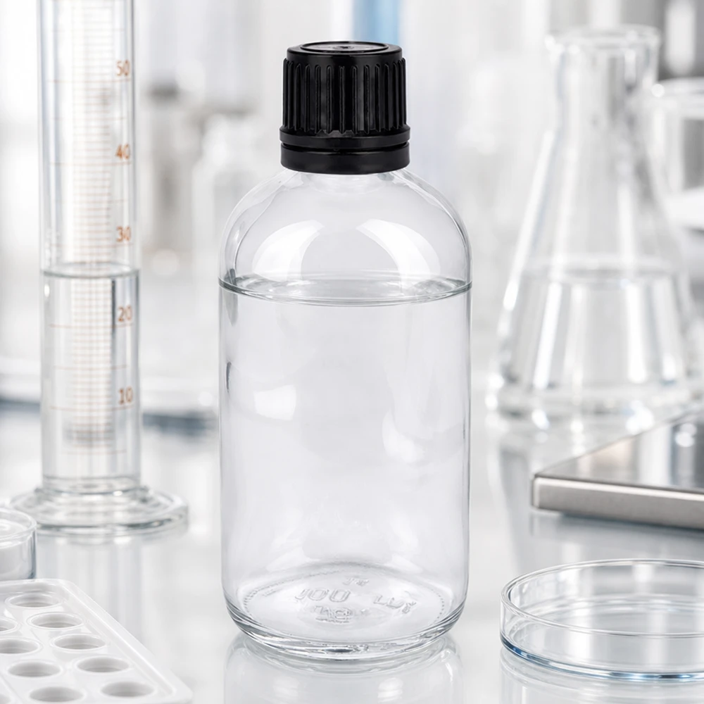Frasco de laboratório transparente de 100 ml com frasco para glóbulos de 8 mm e tampa de plástico preta