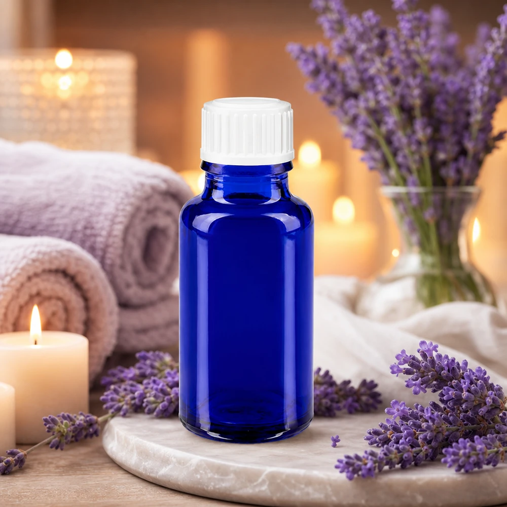 Frasco de vidro azul de 20 ml com tampa de segurança para crianças branca, para óleos essenciais