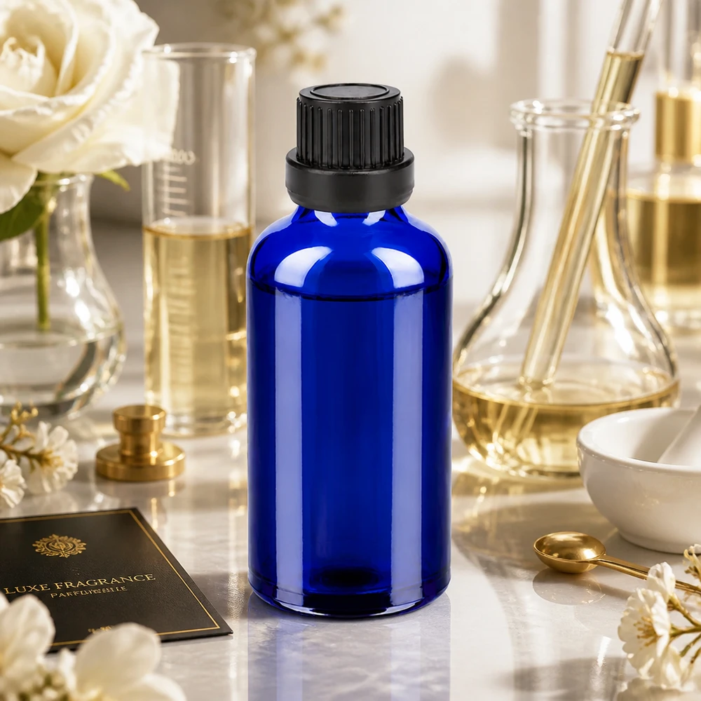 Frasco de 50ml 11mm tampa de rosca preta inviolável BlueLine UT18/50 Frasco de vidro azul elegante de 50 ml com tampa inviolável preta para perfume e cosméticos