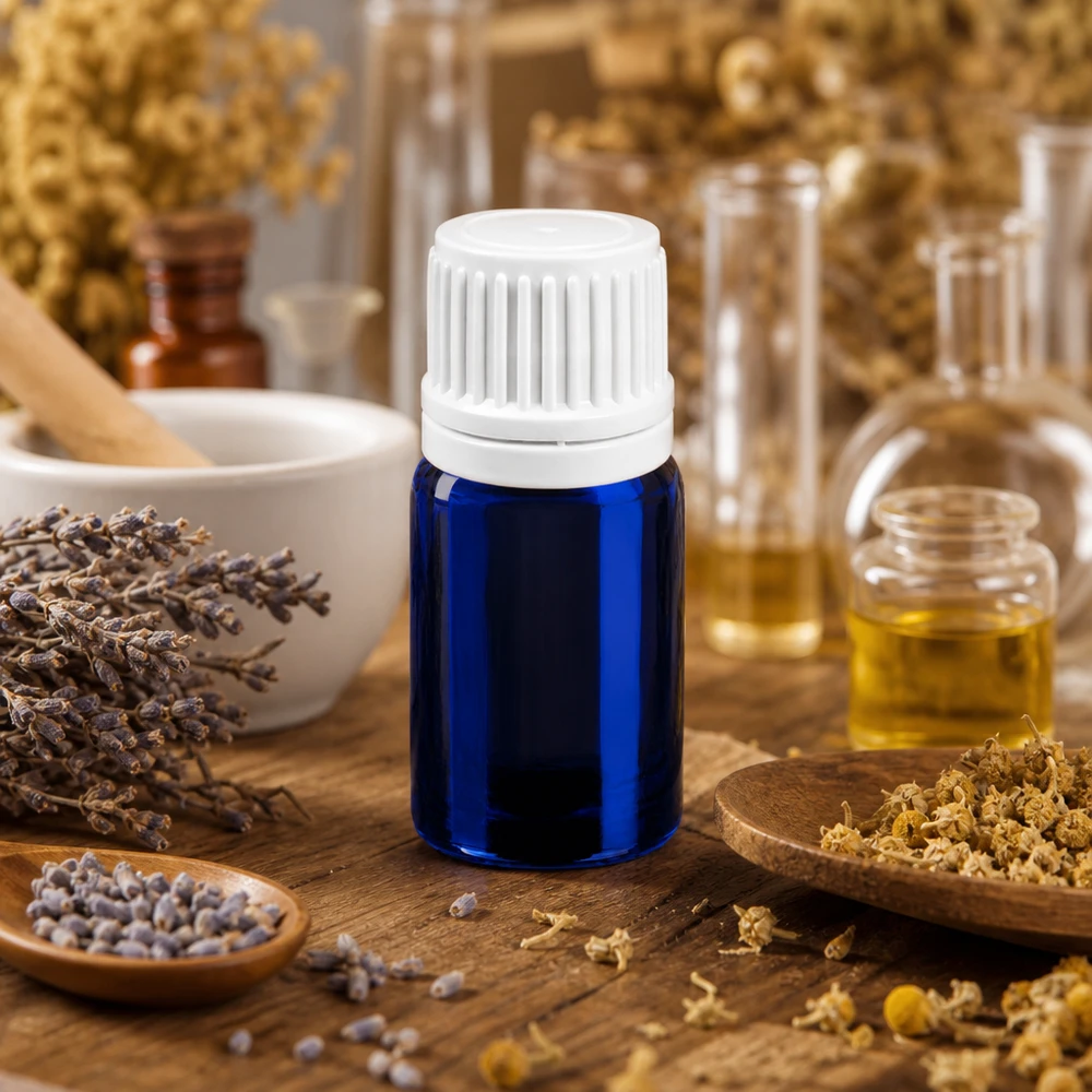 Frasco de vidro de 5 ml de alta qualidade em azul com tampa branca com conta-gotas para essências naturais