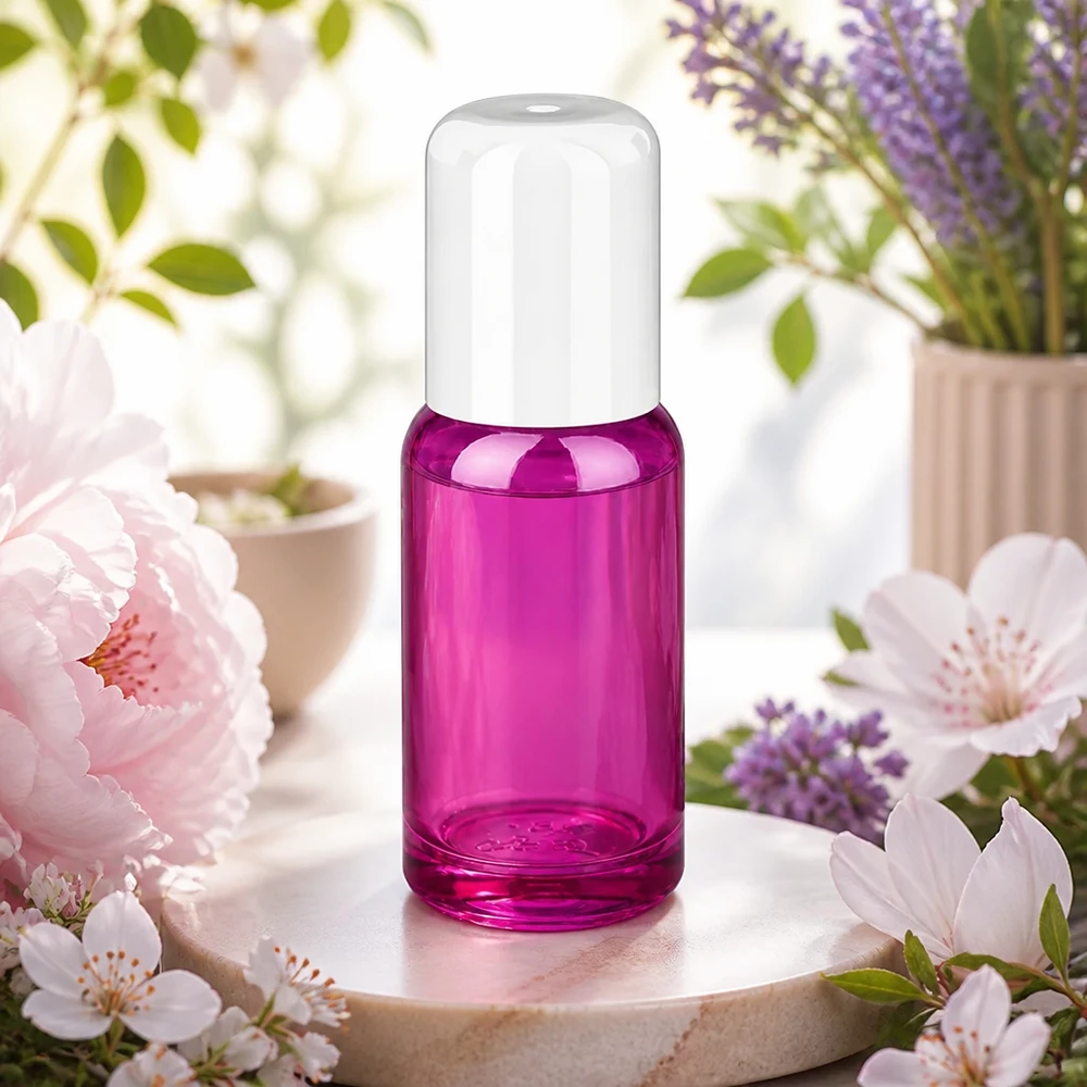 Frasco de vidro elegante de 20 ml com aplicador roll-on em violeta transparente para óleos perfumados