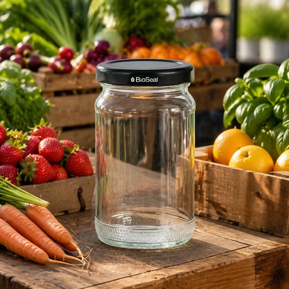 Frasco de conserva vazio UNiTWIST Runda110 com tampa preta TO48 BioSeal rodeado de frutas e legumes frescos