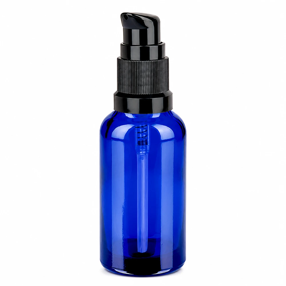 Frasco de vidro azul de 30 ml com doseador preto para uma dosagem precisa dos produtos de cuidados da pele
