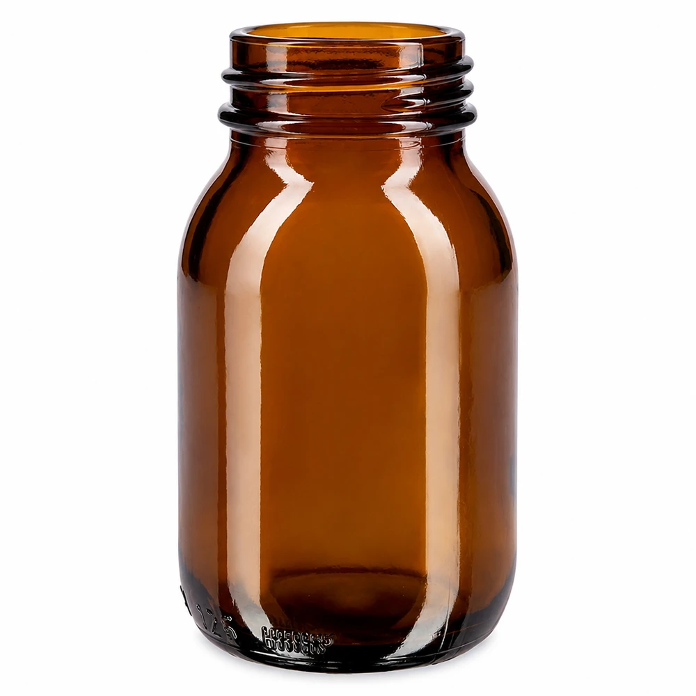 Frasco de 125 ml com gargalo largo em vidro âmbar para medicamentos e suplementos alimentares