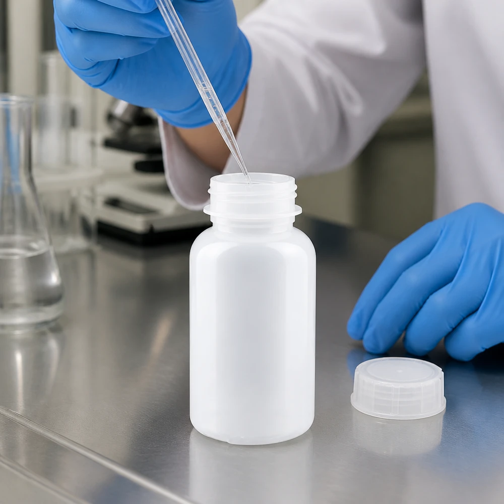 Frasco de laboratório de 500 ml com gargalo largo e tampa de rosca Robuste 500ml Probenflasche mit Weithalsöffnung und Schraubverschluss für sichere Lagerung