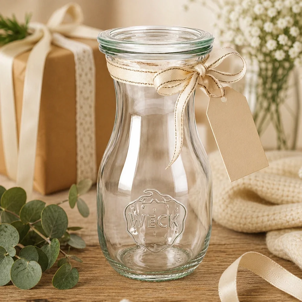Garrafa para sumo de 290 ml com tampa de vidro WECK RR60 Garrafa de sumo WECK 290ml RR60 como ideia de presente decorada com laço e etiqueta junto à caixa de presente e flores