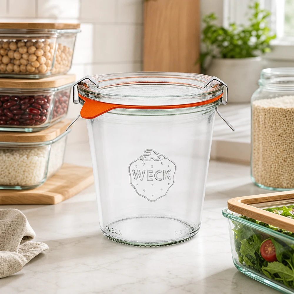 Frasco de conserva WECK 290ml RR80 com anel de borracha laranja e tampa basculante na cozinha moderna com frascos de arrumação