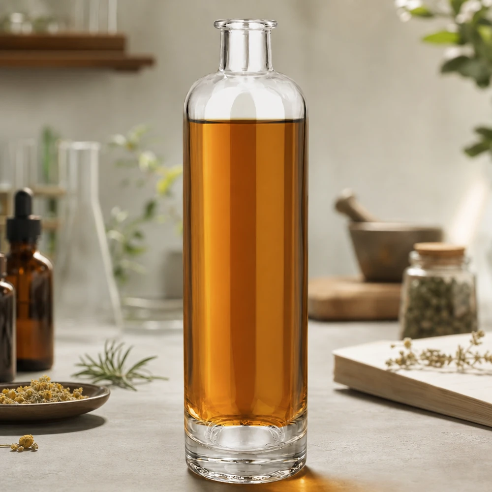 Garrafa de vidro de 500 ml Ella UNiTWIST cheia de chá de camomila rodeada de ervas e produtos naturais Cena de estilo de vida