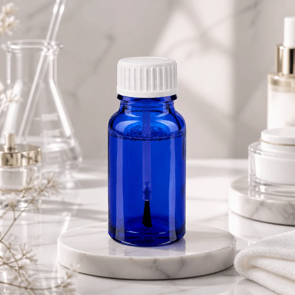 Frasco para pincéis de 10 ml branco com tampa standard BlueLine UT18/10 Frasco de vidro azul de 10 ml com tampa branca para laboratório e indústria cosmética
