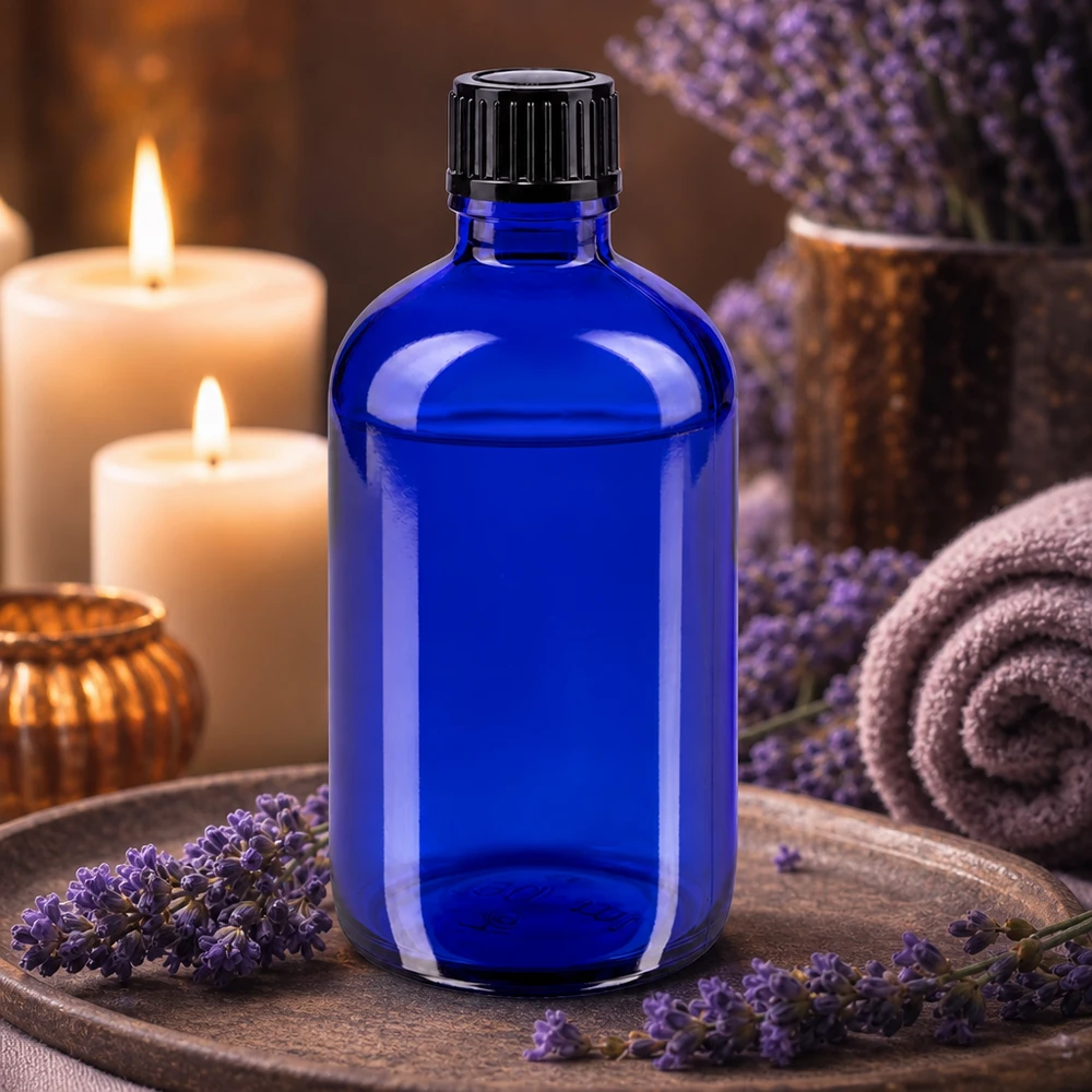 Elegante frasco conta-gotas de 100 ml em vidro de farmácia azul cobalto com um inserto preciso de 1 mm