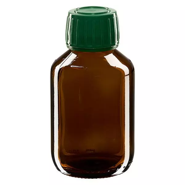 Frasco de remédio de 100ml marrom, tampa verde com anel inviolável ApoGlas Frasco de remédio de 100ml marrom, tampa verde com anel inviolável ApoGlas