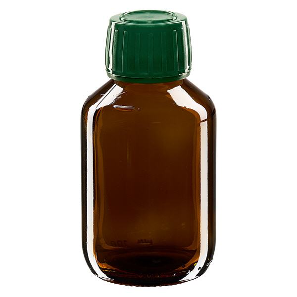 Frasco de remédio de 100ml marrom, tampa verde com anel inviolável ApoGlas Frasco de remédio de 100ml marrom, tampa verde com anel inviolável ApoGlas