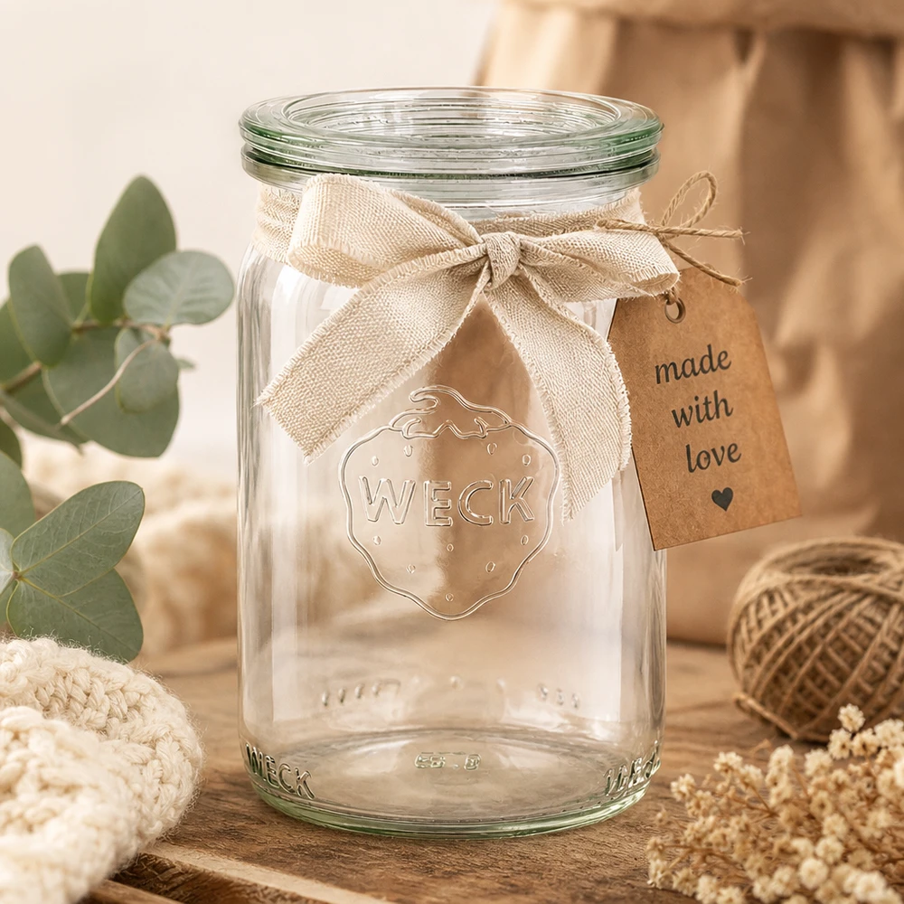 Frasco cilíndrico de 145ml com tampa de vidro WECK RR40 Frasco cilíndrico WECK de 145 ml RR40 decorado com fita de juta e pendente Made with Love num ambiente acolhedor