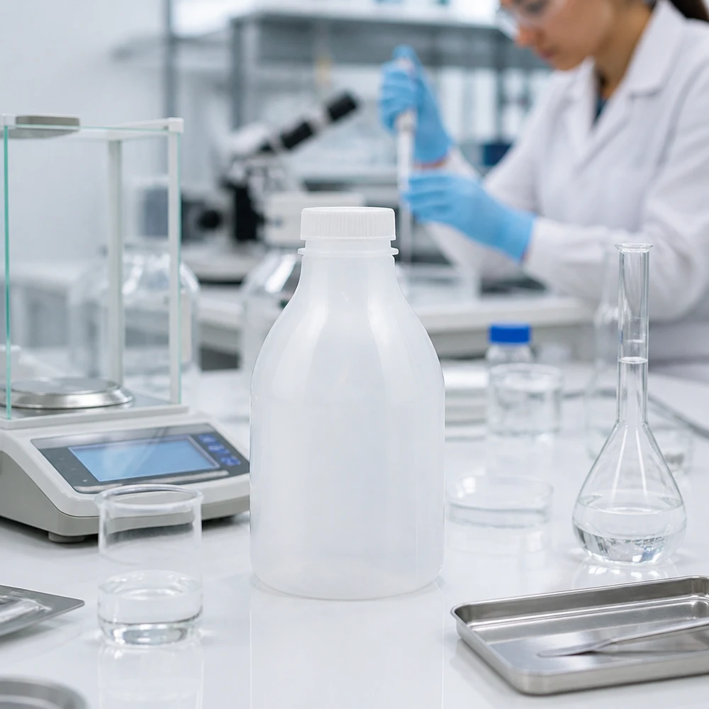 Frasco de laboratório de gargalo estreito de 30 ml, sem tampa, ao lado da balança analítica e do frasco de Erlenmeyer no laboratório