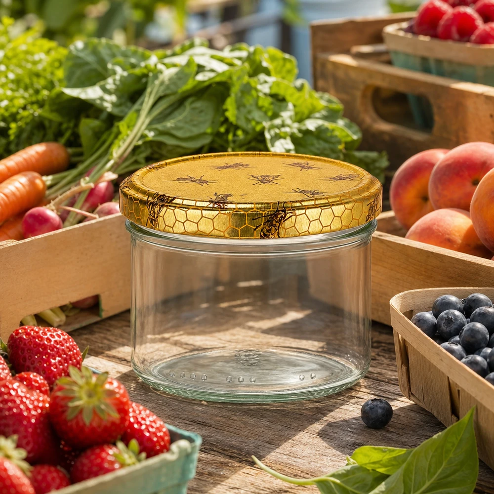 300g Honigglas mit Bienenwabe Deckel BasicSeal UNiTWIST Frasco de mel de 300 g vazio com tampa em forma de favo de mel entre frutos e legumes frescos numa banca de mercado como frasco de armazenamento