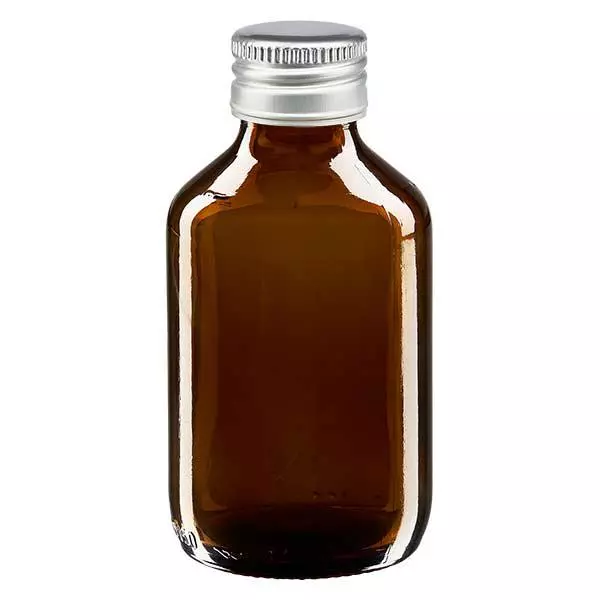 Frasco para medicamentos de 150 ml castanho, com tampa de alumínio prateado ApoGlas Frasco para medicamentos de 150 ml castanho, com tampa de alumínio prateado ApoGlas