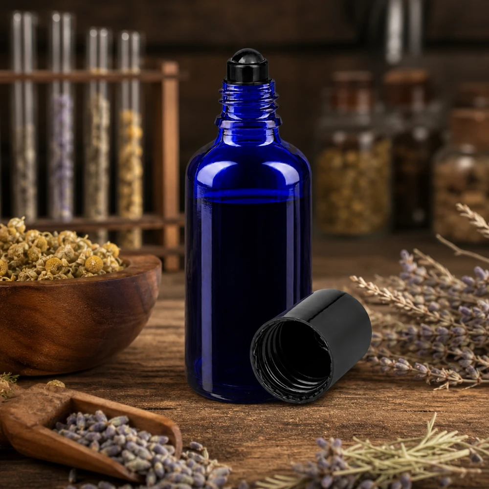 Frasco roll-on de 50 ml, azul cobalto, com aplicador esférico preto, entre ervas secas e lavanda