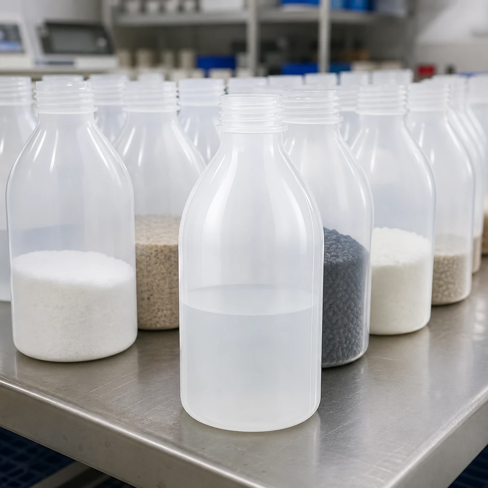 Frasco de laboratório de 250 ml com gargalo estreito e sem tampa Frasco de laboratório de 250 ml, de gargalo estreito, transparente, em PE, sem tampa, sobre uma mesa de aço inoxidável no laboratório