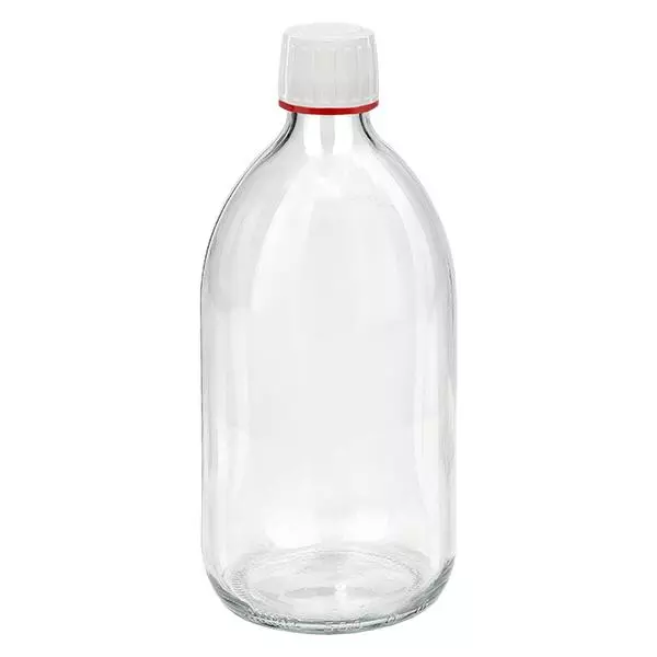 Frasco de medicamento de 500ml transparente, tampa branca com anel inviolável vermelho ApoGlas Frasco de medicamento de 500ml transparente, tampa branca com anel inviolável vermelho ApoGlas