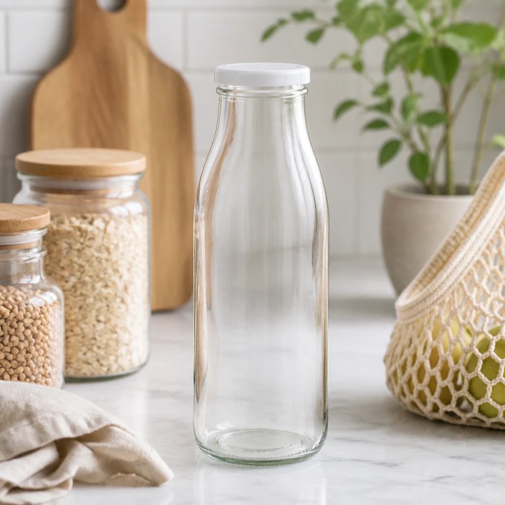 Frasco de vidro de 500 ml + tampa BasicSeal branca UNiTWIST Garrafa de vidro de 500 ml vazia num cenário de cozinha natural com frascos de arrumação e plantas.