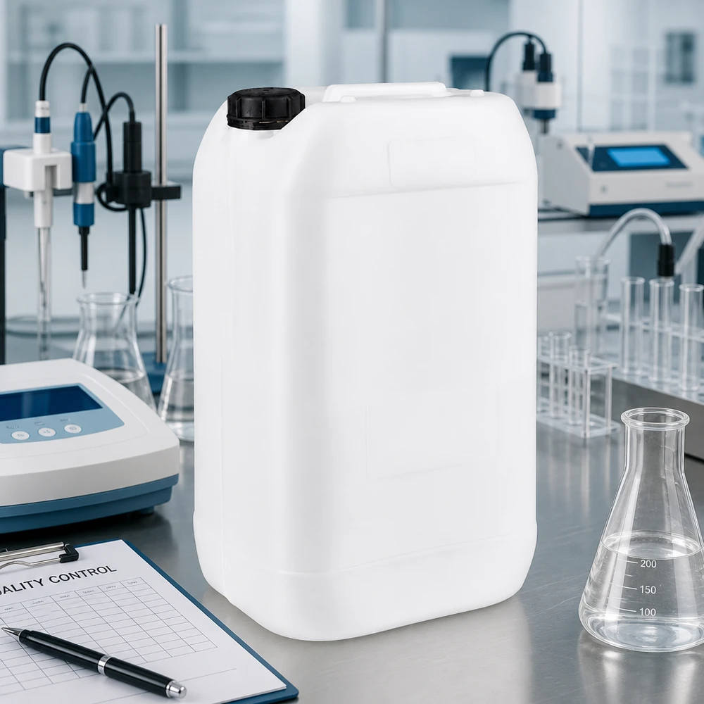 Recipiente vazio de 15 litros com tampa de segurança num laboratório moderno, sobre uma mesa de aço inoxidável