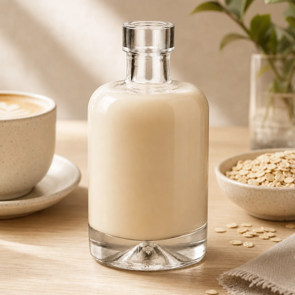 Garrafa de vidro de 50 ml de Amelie cheia de leite de aveia rodeada de flocos de aveia mostra a utilização de uma alternativa ao leite à base de plantas