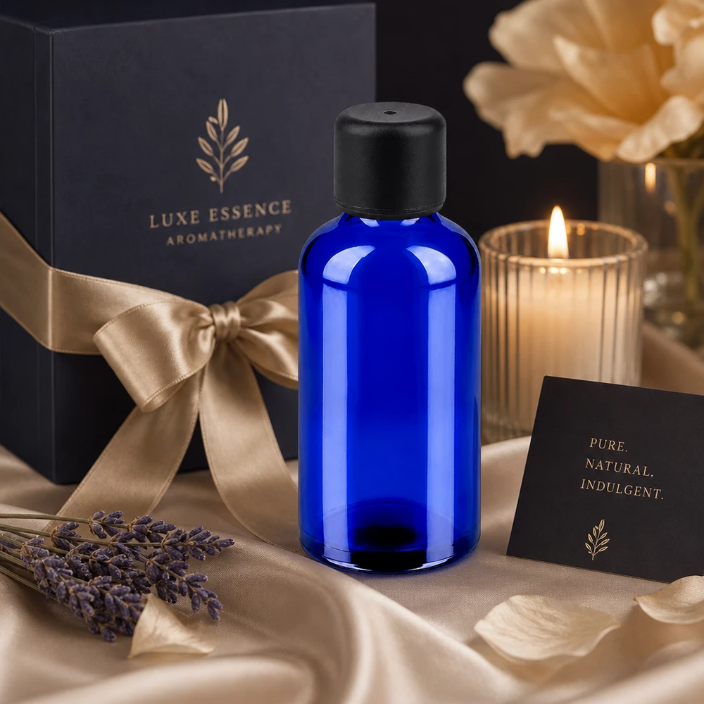 Frasco de aromaterapia de luxo de 50 ml em vidro azul com tampa preta para cosméticos de qualidade superior