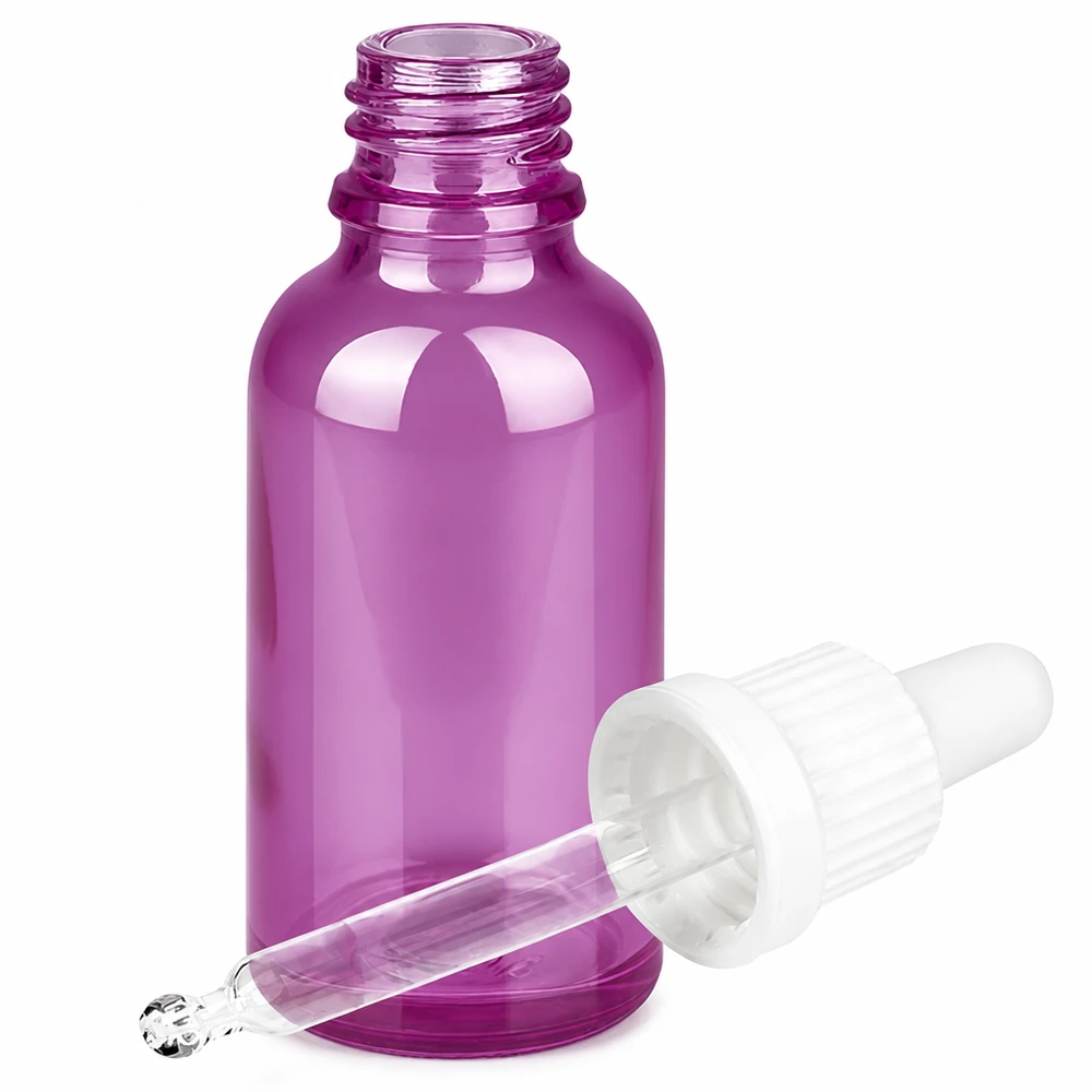 Frasco de vidro violeta de 30 ml com pipeta e tampa de borracha branca para óleos essenciais