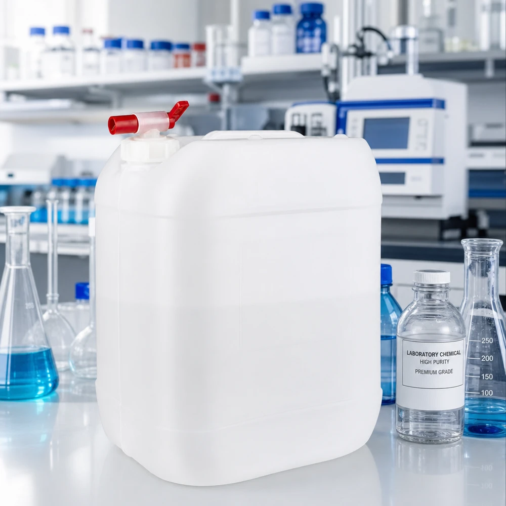 Recipiente retangular de 20 L com tampa de rosca e torneira vermelha num ambiente de laboratório