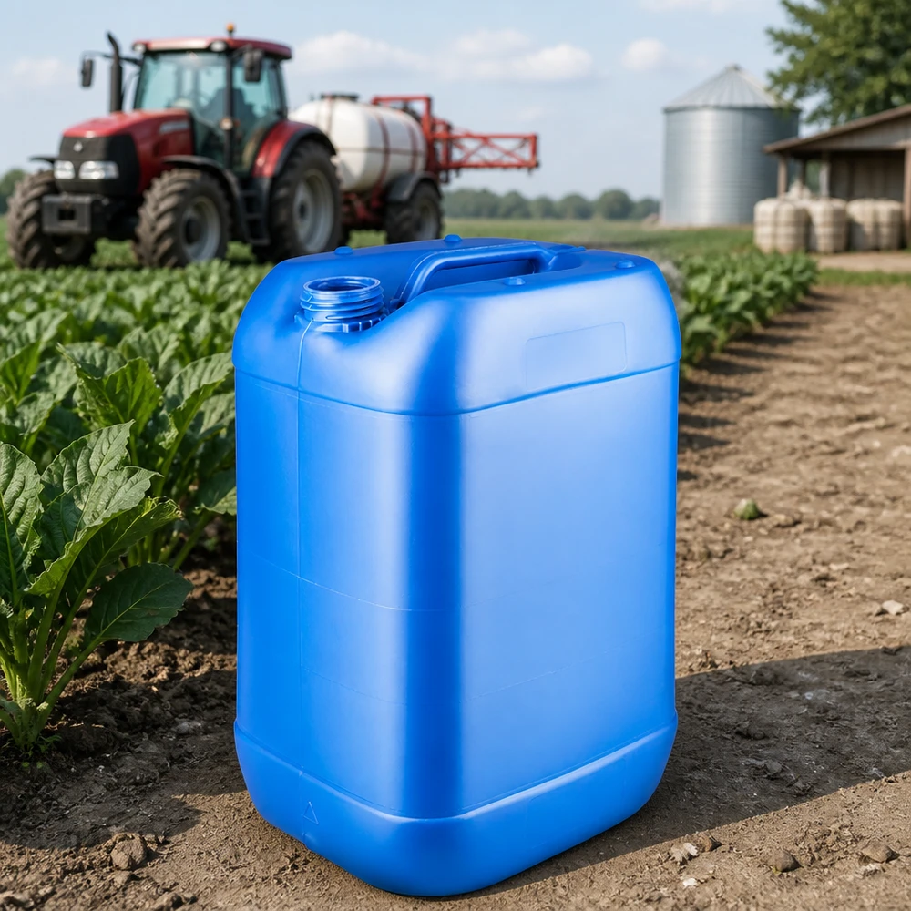 Bidão azul de 25 litros sem tampa, utilizado na agricultura, no campo