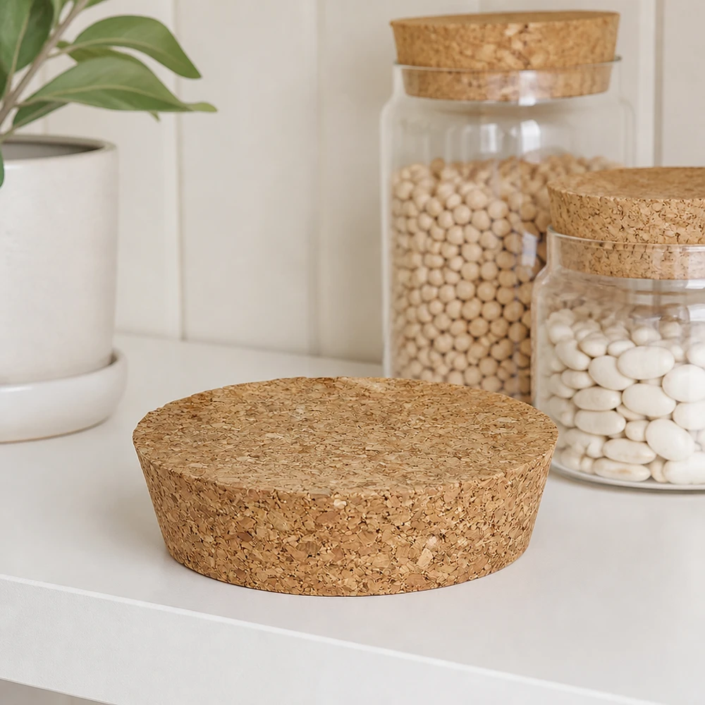 WECK RR80 cortiça natural na cozinha branca minimalista com frascos de arrumação legumes feijão arrumação moderna