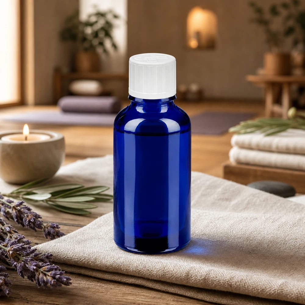 Frasco de vidro compacto de 30 ml em azul-cobalto elegante com tampa de rosca segura para utilização diária