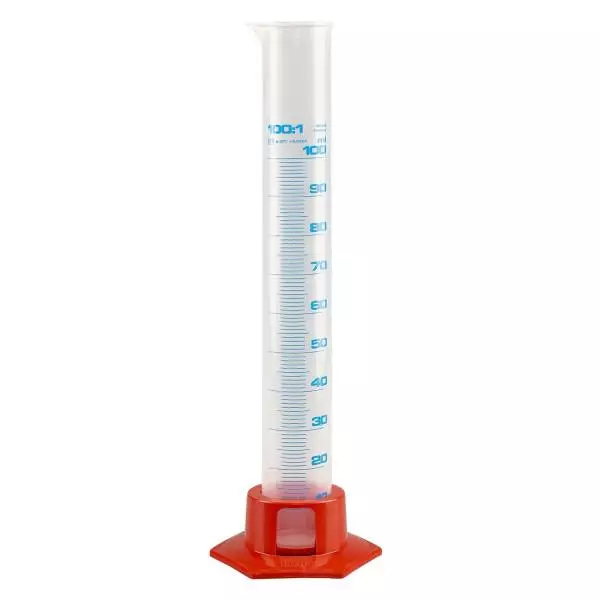 Proveta graduada de 100 ml em polipropileno com base cor de laranja Proveta graduada de 100 ml em polipropileno com base cor de laranja