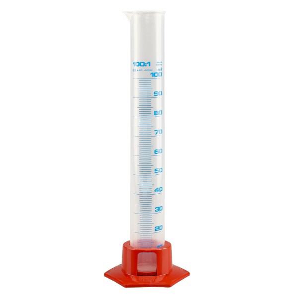 Proveta graduada de 100 ml em polipropileno com base cor de laranja Proveta graduada de 100 ml em polipropileno com base cor de laranja