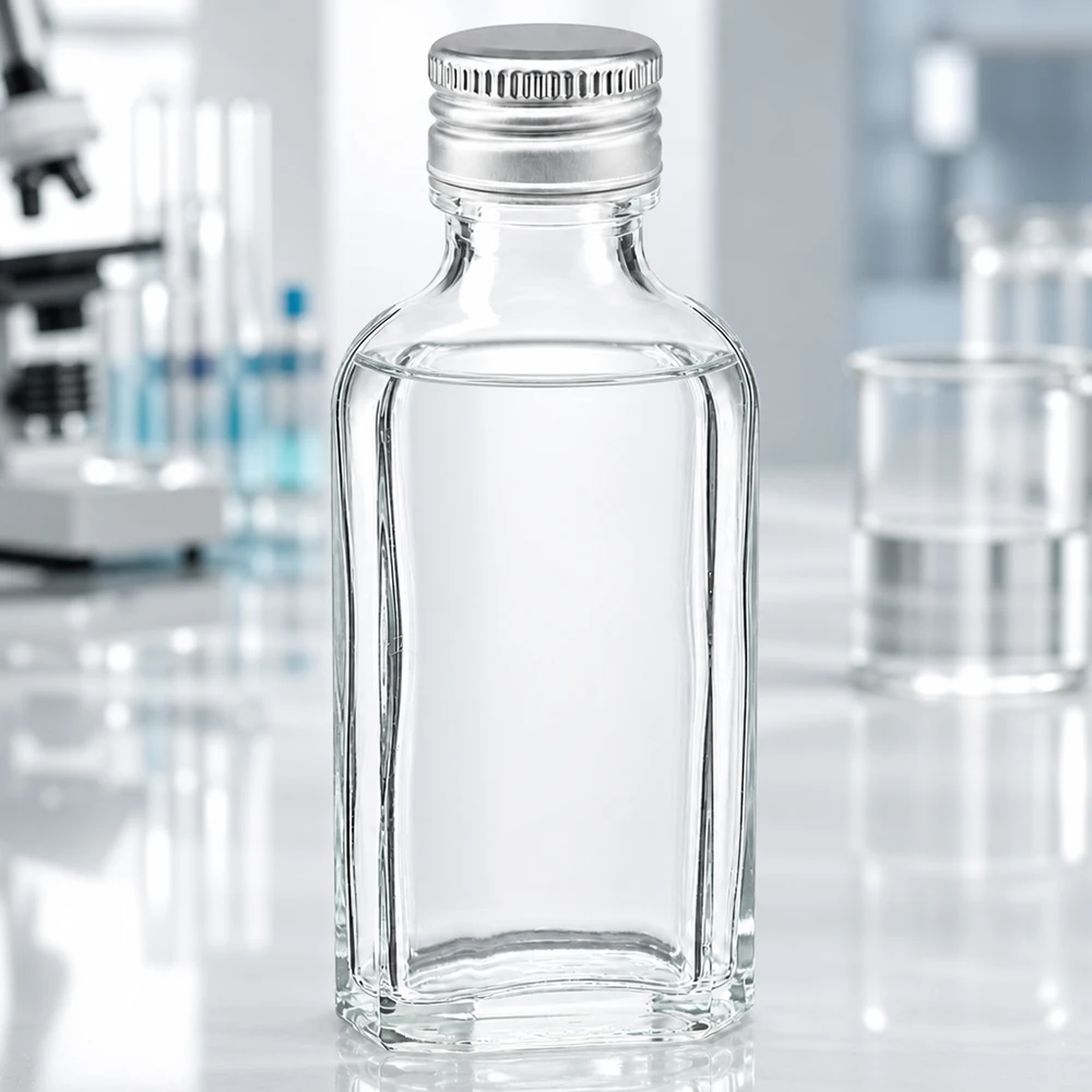 50 ml Meplat transparente com tampa de alumínio prata PP22 Frasco de laboratório Meplat em miniatura, de 50 ml, em vidro transparente com tampa de alumínio PP22, para uso científico