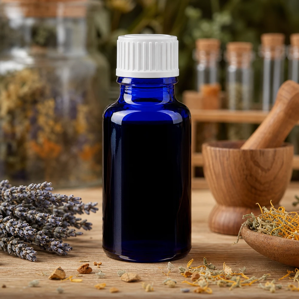 Pequeno frasco azul de farmácia de 20 ml com tampa de rosca branca, ao lado de um almofariz e de ervas
