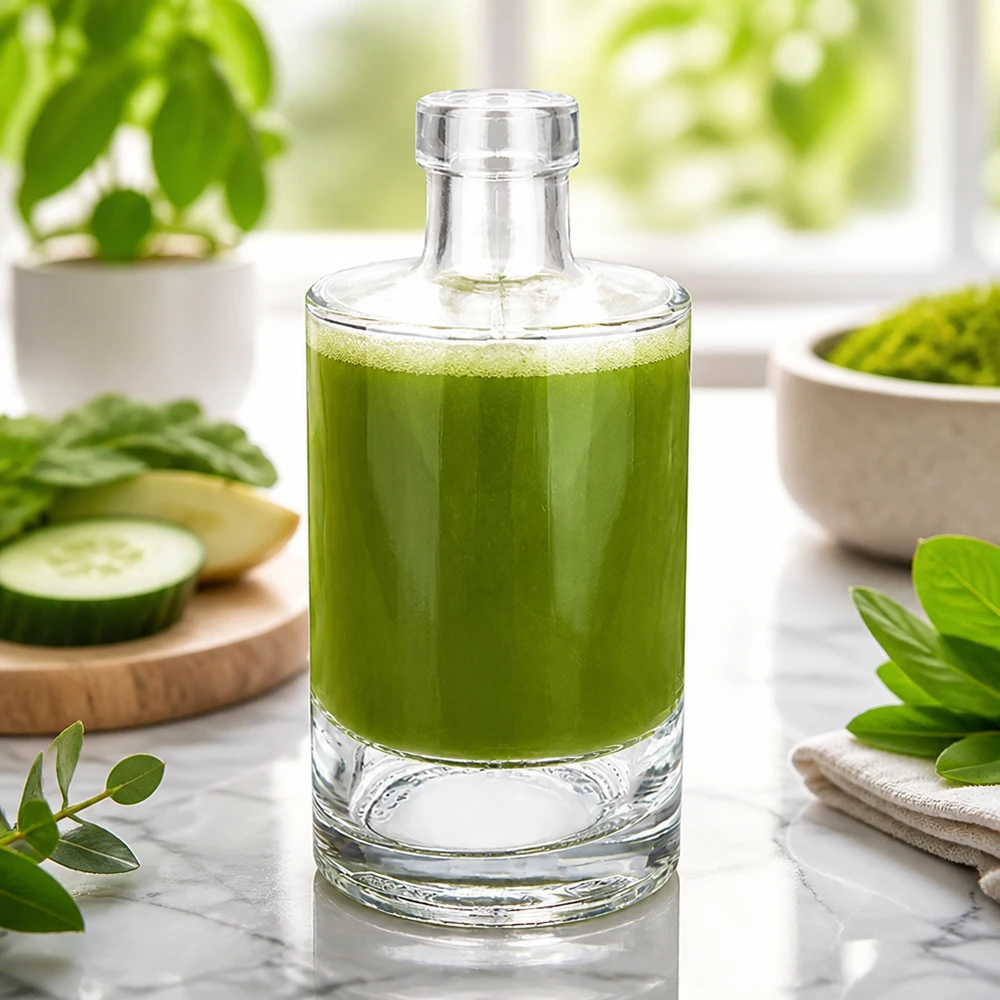 350ml Glasflasche "Marie" ohne Verschluss UNiTWIST 350ml Glasflasche Marie mit grünem Smoothie befüllt neben Gurken und Kräutern gesunde Ernährung Bild 4 von 10